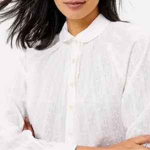 NWT LOFT Clip Dot Henley Peter Pan Collar Shirt Blouse White Size Medium thumbnail 2