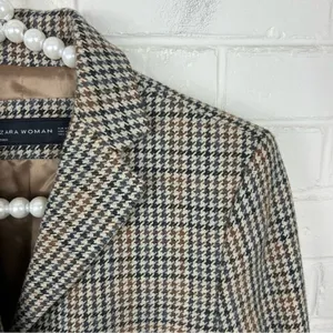 Zara Wool Blend Brown Houndstooth Knit Blazer Jacket Size XS thumbnail 10