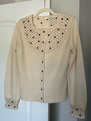 Anthropologie Sleeping on Snow Tea for Two Crochet Yoke Beaded Button Cardigan thumbnail 3