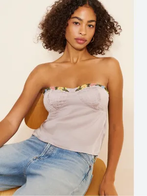 FREE PEOPLE Ember Glow Tube Top Ivory Embroidered Flower trim Pintuck Going Out thumbnail 2