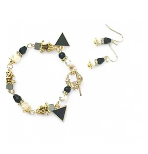 Handmade Black & Gold Tone Pearl Bead Geometric Triangle Charm Bracelet Earring Set Set thumbnail 3