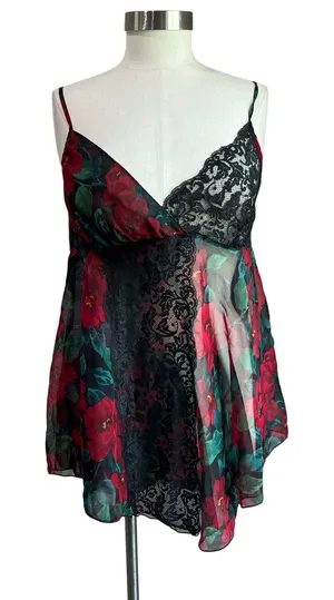 Victoria Secret Gold Label Sheer‎ Floral Red & Black Lace Babydoll Chemise Sz M thumbnail 1