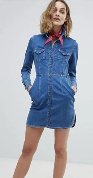 Free People Dynomite Denim Mini Dress XS Western Festival Long Sleeve Country thumbnail 1