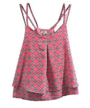 Crown & Ivy Tiered dual strapped racer back flowy tank sleeveless blouse basket weave print thumbnail 1