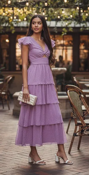ASTR Emporia Purple Pleated Tiered Midi Dress Size Small NWT thumbnail 1