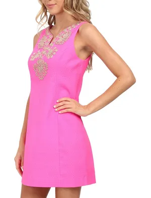 Lilly Pulitzer Gabby Shift Dress Pink Cotton Floral Split Neck Back Zip Womens 2 thumbnail 1