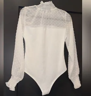 White Long Sleeve Bodysuit with Mesh Top thumbnail 2