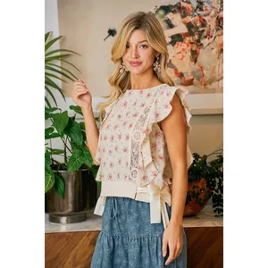 BiBi Flower Printed Ruffle Sleeve Trim Detail Top - Red Flower - Large thumbnail 8