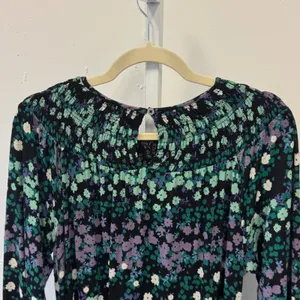 LOFT Floral Smocked Long Sleeve Flowy Mini Dress with Tie Black Green Purple Med thumbnail 6