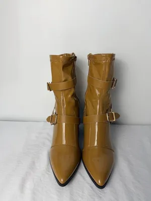 Bamboo Patent Leather Ankle Boots Women’s 7.5 Block Heel Buckle Strap Tan Brown thumbnail 3