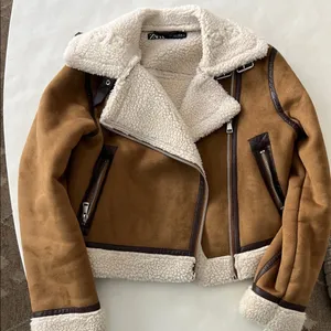 Zara Double Faced Fleece Structured Moto Jacket Sheepskin Chestnut Tan Aviator S thumbnail 5
