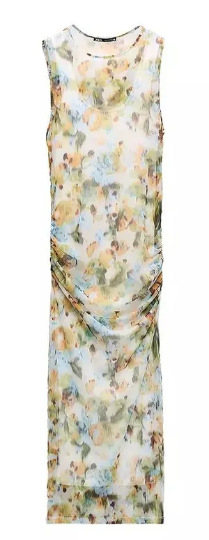 Zara Tulle Mesh Ruched Midi Abstract Colorful Watercolor Dress Small thumbnail 1