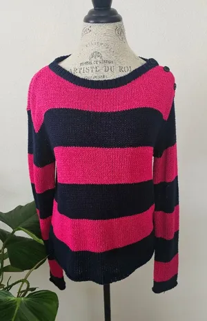Lauren Ralph Lauren Pink & Navy Striped Button Shoulder Sweater – Size M thumbnail 1