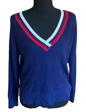 Garage Women Navy Blue‎ Varsity V-Neck Ribbed Knit Sweater Striped Trim Small thumbnail 1