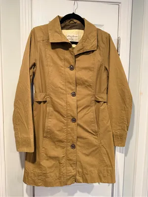 Eddie Bauer Size XS Tan Khaki Button Front Lined Mid Length Trench Coat Jacket thumbnail 1