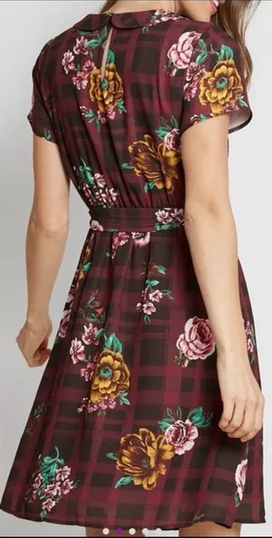 ModCloth Burgundy Floral Buffalo Check Joyfully Poised Collared A-Line Dress thumbnail 1