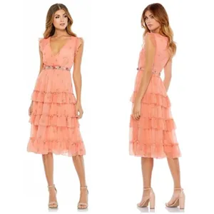 MAC DUGGAL Tiered Ruffle Chiffon Midi Dress in Apricot Size US 6 thumbnail 2