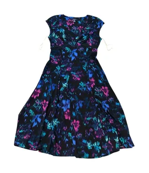 Chaps Womens Abstract Floral V-Neck Twist Front Midi Dress Blue Purple Size M thumbnail 1