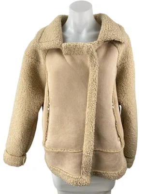 Princess Polly Women's Beige Tan Sherpa Faux Suede Teddy Moto Coat Jacket Size S thumbnail 1