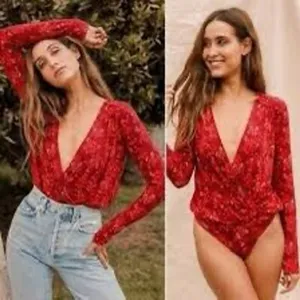 Free People Everything’s Rosy Red Long Sleeve Bodysuit Size L thumbnail 6