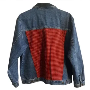 Patchwork Denim Jean Jacket with Plaid Accents Size Medium Blue thumbnail 2