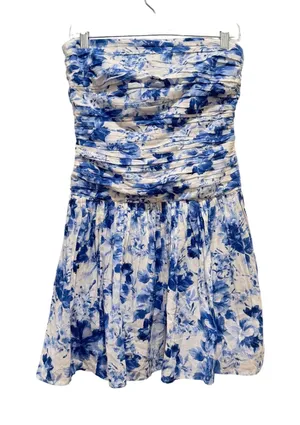 Abercrombie & Fitch Elan Drop Waist Strapless Dress Small Tall Blue White Floral thumbnail 1