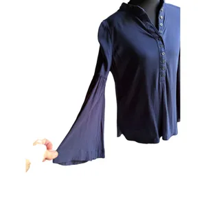 Free People Navy Bell Sleeve Henley Blouse XS Boho Rayon Tunic Top thumbnail 3
