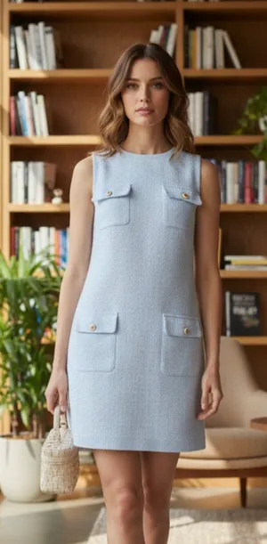 NWOT Ann Taylor Tweed Button Pocket Shift Dress Light Blue thumbnail 1