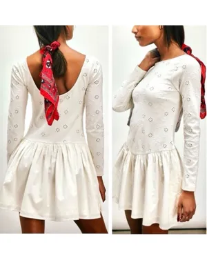 Free People White Eyelet Long Sleeve Drop Waist Mini Dress Sz L/G Romantic Boho thumbnail 2