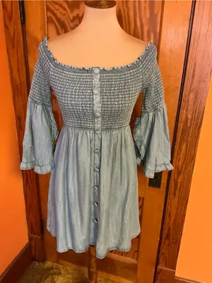VENUS Denim Dress Size 2 Smocked Off Shoulder Bell Sleeve Button Front Boho thumbnail 5
