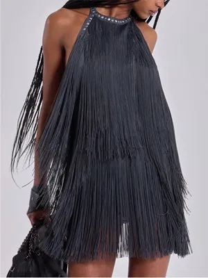 JADED LONDON Vadra Backless Fringe Mini Dress, Charcoal Grey, 4(US) thumbnail 2