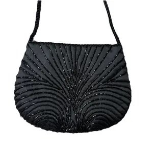 Vintage Black Beaded Shoulder Crossbody Fashion Bag 7.5" L x 6" H thumbnail 2