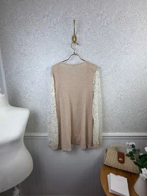 BiBi Beige and Cream Lace Sleeve Open-Front Waffle Knit Cardigan Top - Size - XL thumbnail 5