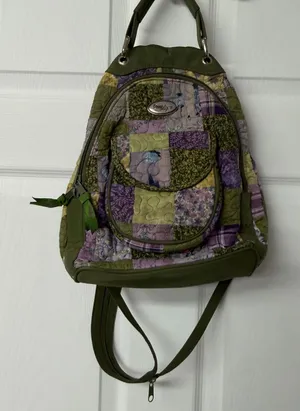 Donna Sharp Quilted Patchwork Sling Backpack Green Purple Floral Convertible Bag thumbnail 1