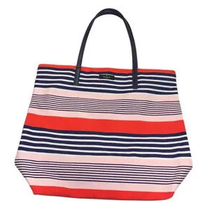 Kate Spade Bon Shopper Tote Pink Navy Striped Canvas Bag Spring Vacation‎ L NWT thumbnail 1