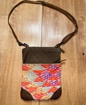 Myra Bag Small Crossbody Canvas Hair-on Hide Southwestern Boho Brown Multi-color thumbnail 1