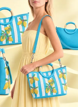 Sol and Mer Beaded Lemon Stripe Canvas Tote Crossbody Bag NWT thumbnail 1