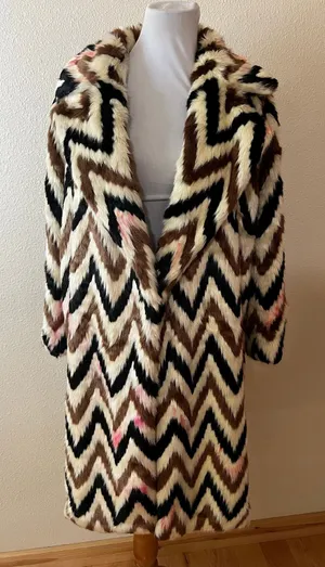 Autumn Adeigbo Faux Fur Chevron Wednesday Long coat WOMENS 4 thumbnail 1