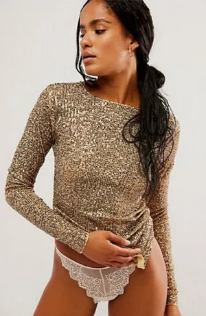 Intimately Free People Gold Rush Sequin Long Sleeve Top Small thumbnail 1