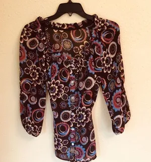Sheer Floral Brown Retro Blouse M Size M thumbnail 1