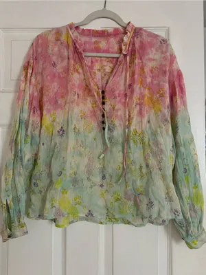 Anthropologie Pink & Mint Floral Tie-Dye Peasant Blouse thumbnail 1
