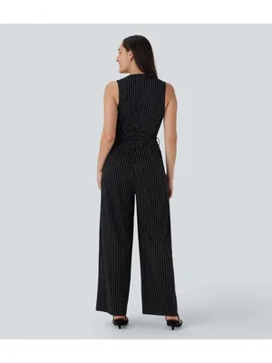 Halara V Neck Belted Stripe InstantCool Jumpsuit Pockets-Easy Peezy Black M thumbnail 3