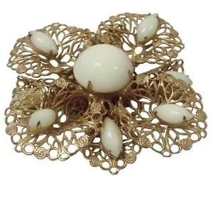 Vintage MCM Filigree Milk Glass? Goldtone Pin Brooch- FLAWED thumbnail 1