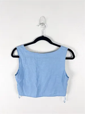 MABLE Light Blue Linen Blend Crop Top Small Casual Neutral Spring Summer Boho thumbnail 2