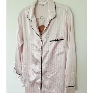 Rare VTG Y2K Victoria's Secret Pink Satin Striped Pajama Set Drawstring M -Stain thumbnail 1