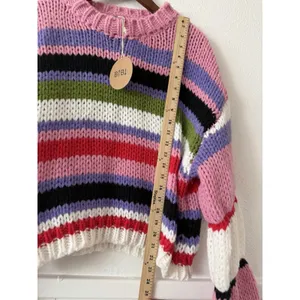 BiBi Sweater M Chunky Knit Striped Bell Sleeve Crop Pullover Colorful Boho NWT thumbnail 7