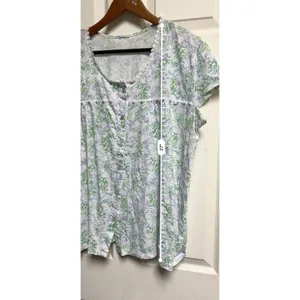 Vera Wang Womens Floral Button Front Nightgown Top Lace Trim Blue Green Rose Print thumbnail 4