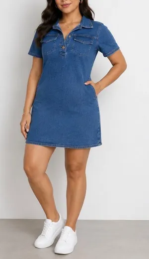 Imily Bela Casual Blue Denim Stretch Dress Women's Short Sleeve with Pockets. S thumbnail 1