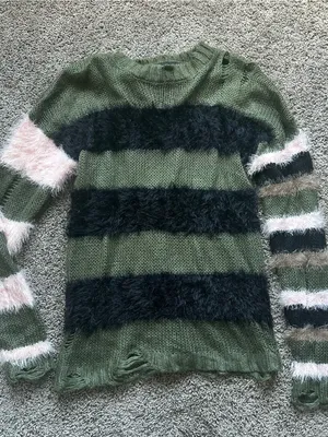 Women’s Olive Green Striped Fuzzy Knit Sweater thumbnail 1