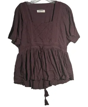 Lucky Brand Square Neck Peplum Top‎ Tassel Drawstring Burgundy XS thumbnail 1